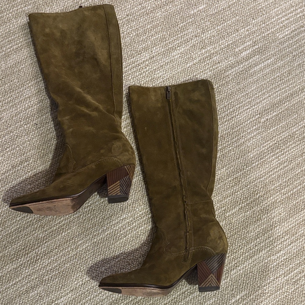 Frye Olive Suede Heeled Boots
